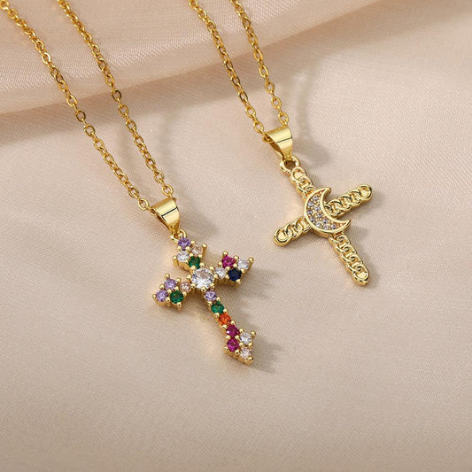 Color Zirconium Cross Pendant Necklace - SOO SOO COOL Fashion Online Store