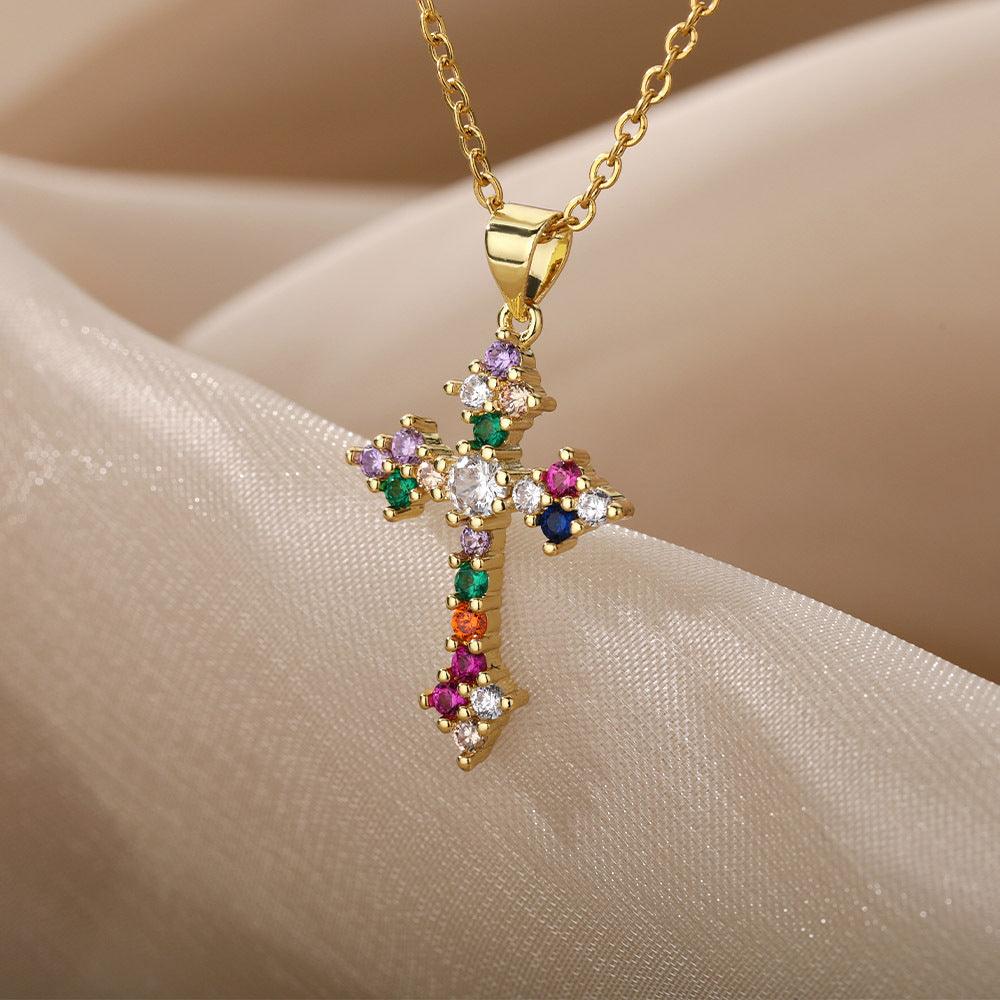 Color Zirconium Cross Pendant Necklace - SOO SOO COOL Fashion Online Store