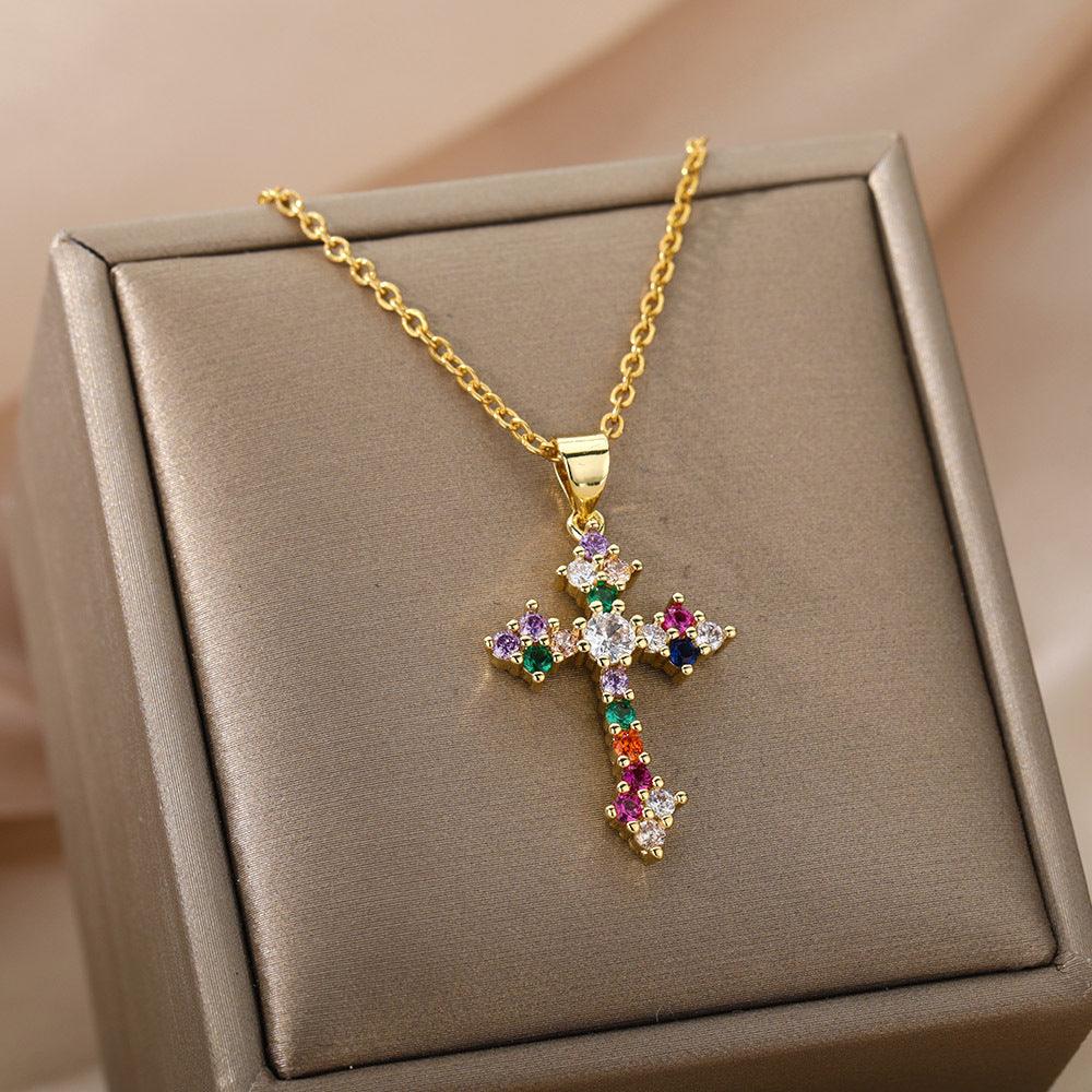 Color Zirconium Cross Pendant Necklace - SOO SOO COOL Fashion Online Store