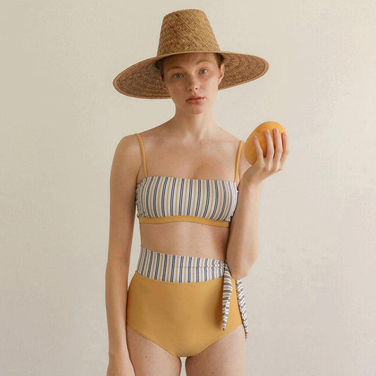 Split High Waist Swimsuit Contrast Color Striped Swimsuit - SOO SOO COOL Fashion Online Store