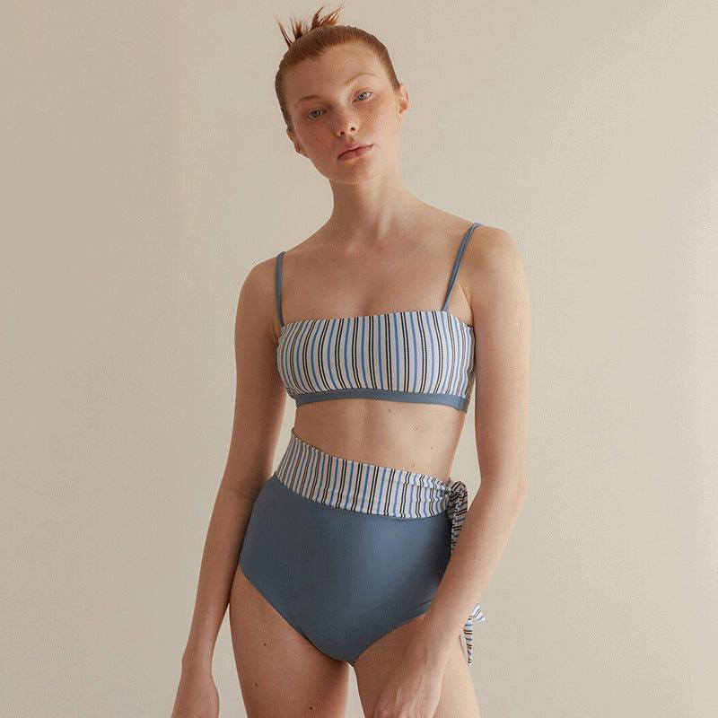 Split High Waist Swimsuit Contrast Color Striped Swimsuit - SOO SOO COOL Fashion Online Store