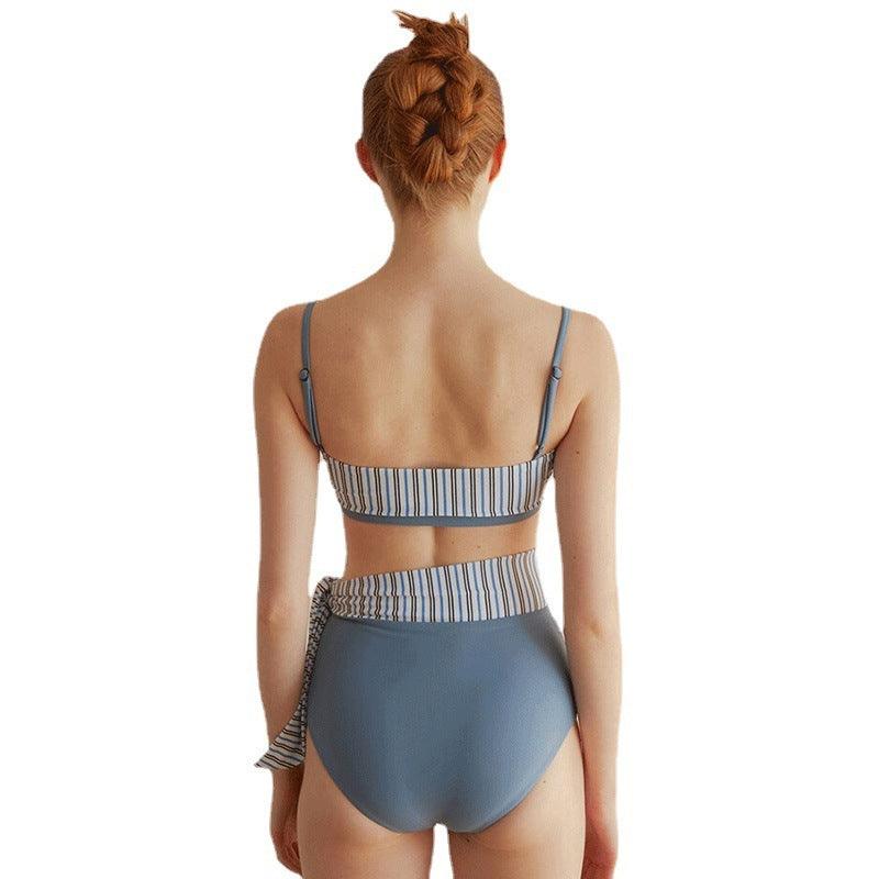 Split High Waist Swimsuit Contrast Color Striped Swimsuit - SOO SOO COOL Fashion Online Store